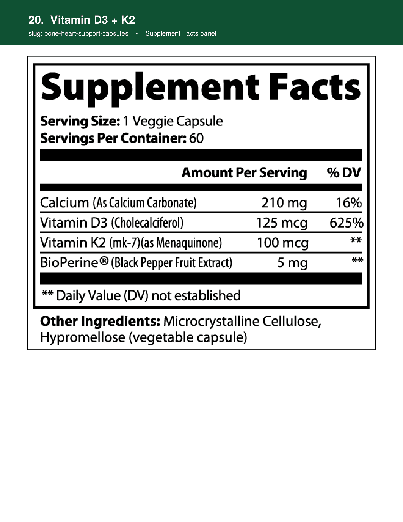 Vitamin D3 + K2 supplement facts panel