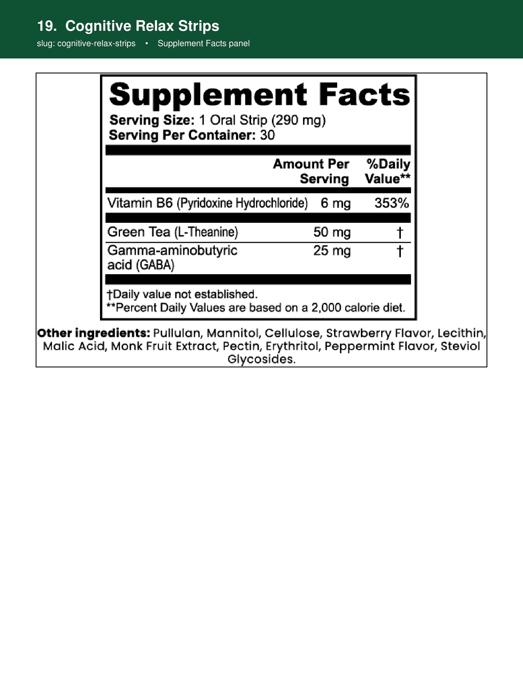 Cognitive Relax Strips supplement facts panel