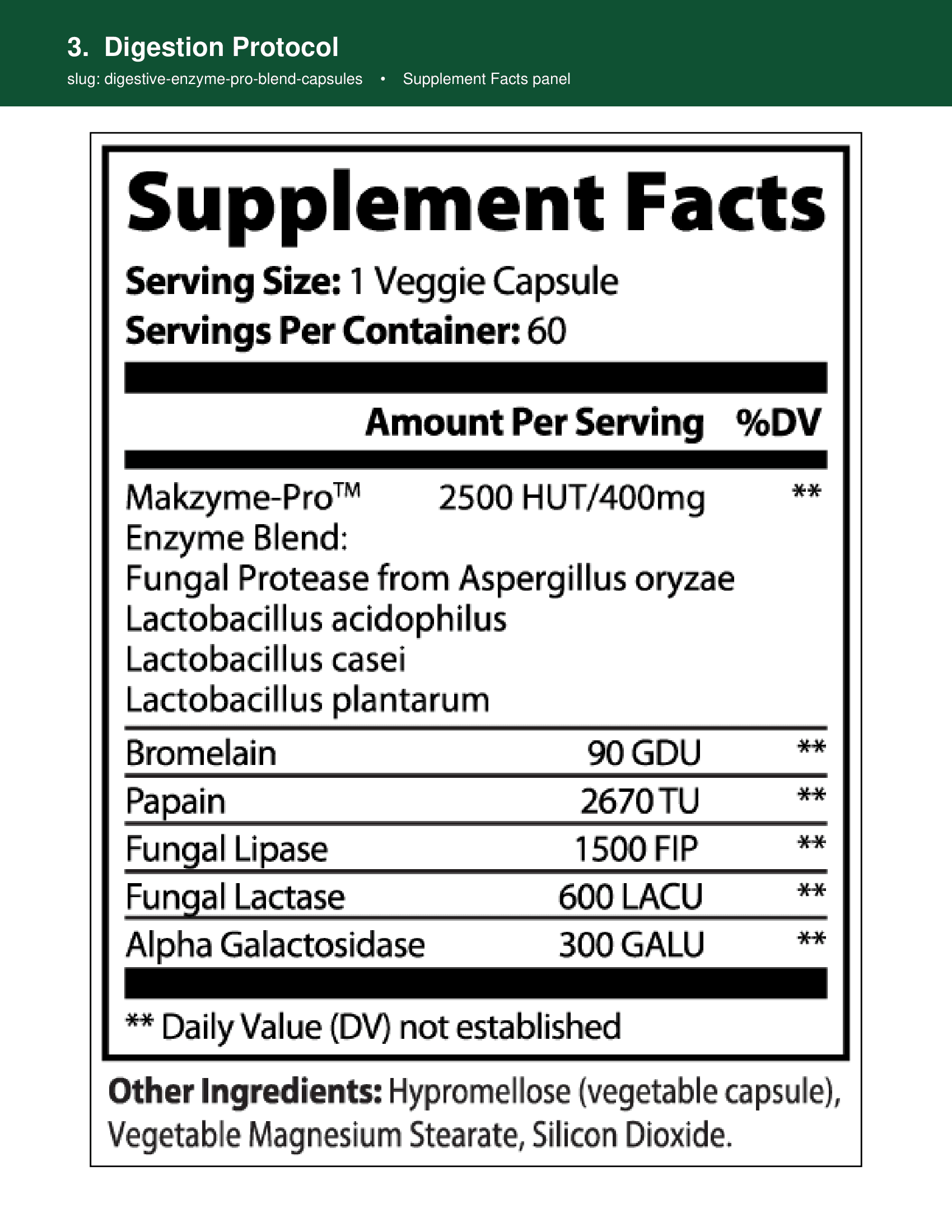 Digestion Protocol supplement facts panel