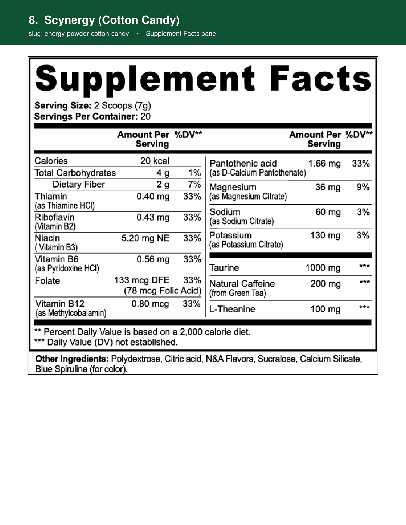 Scynergy supplement facts panel