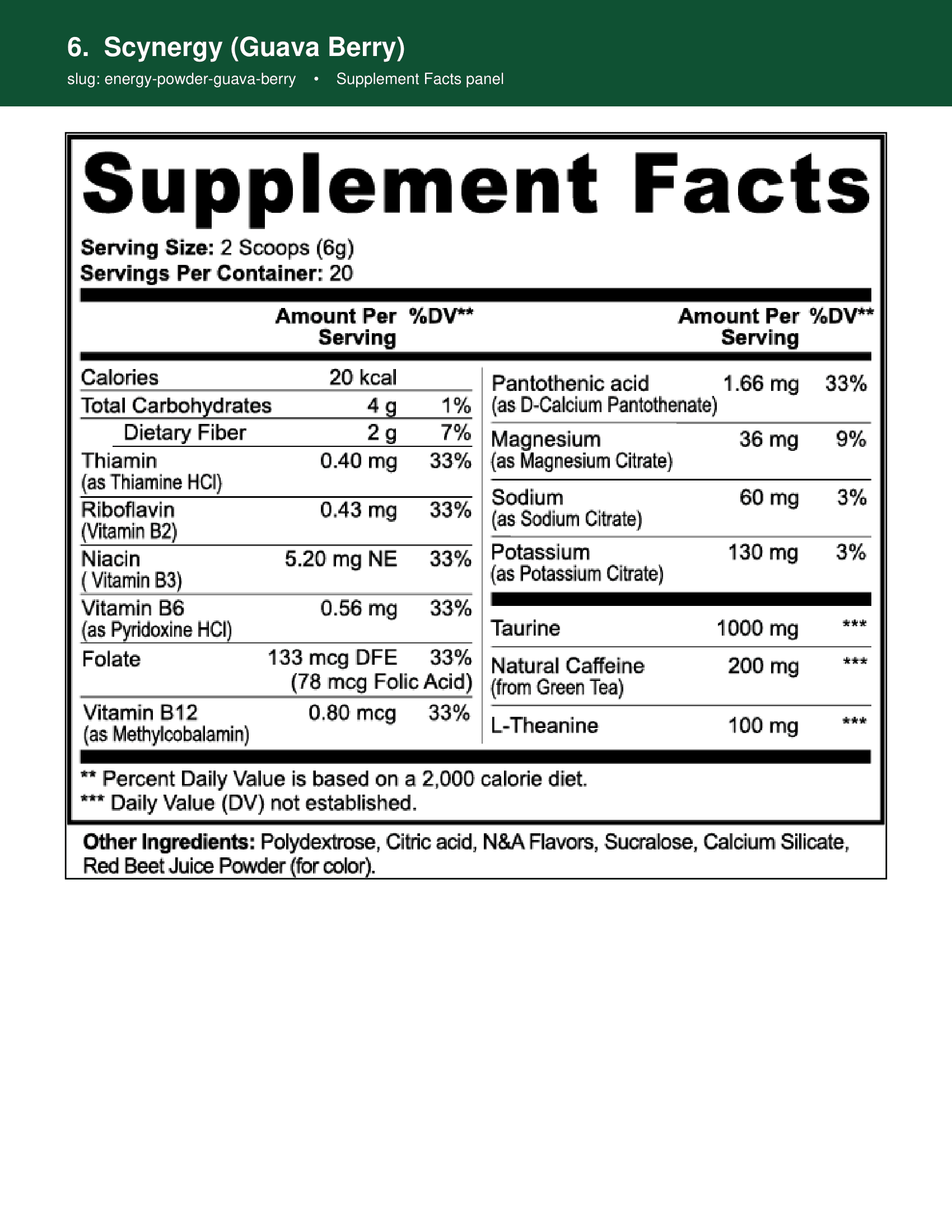 Scynergy supplement facts panel