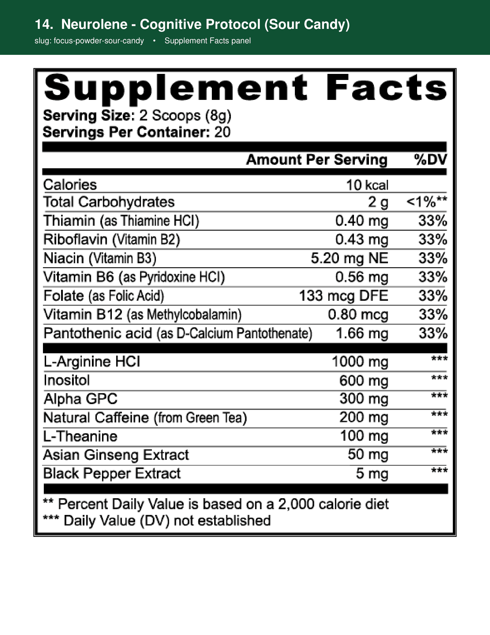 Neurolene supplement facts panel