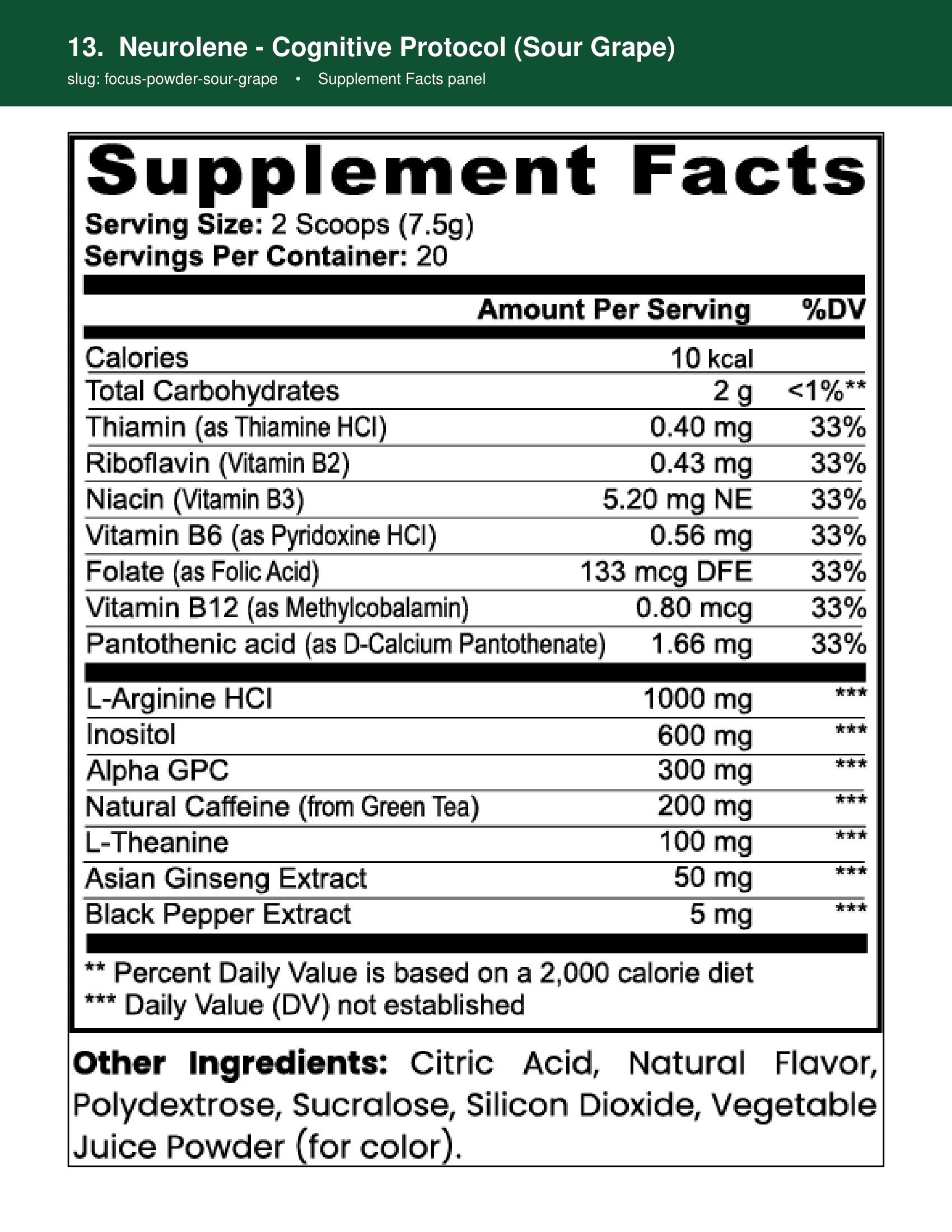 Neurolene supplement facts panel