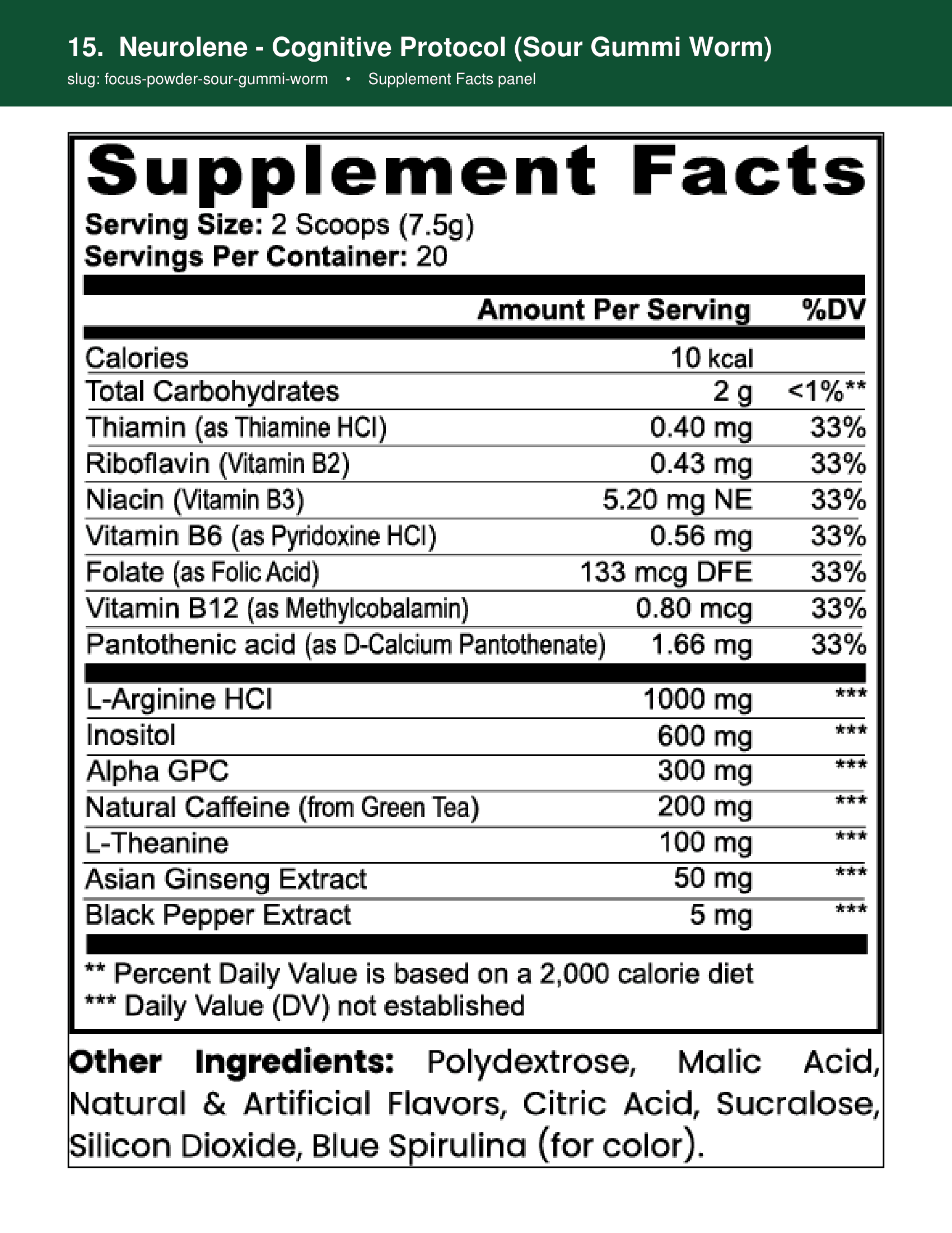 Neurolene supplement facts panel
