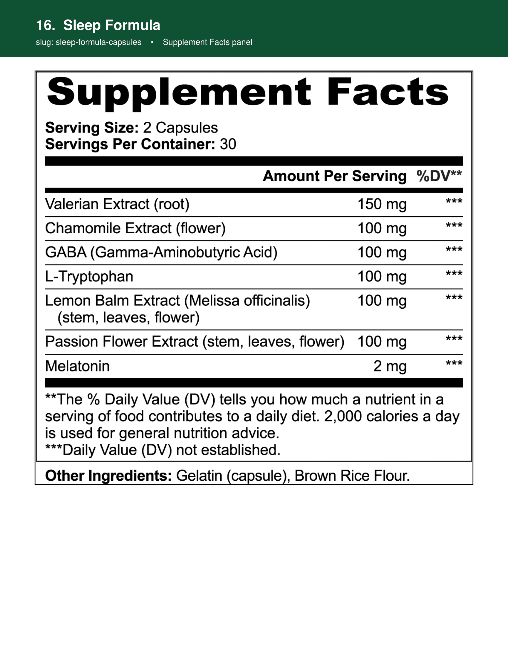 Sleep Formula supplement facts panel